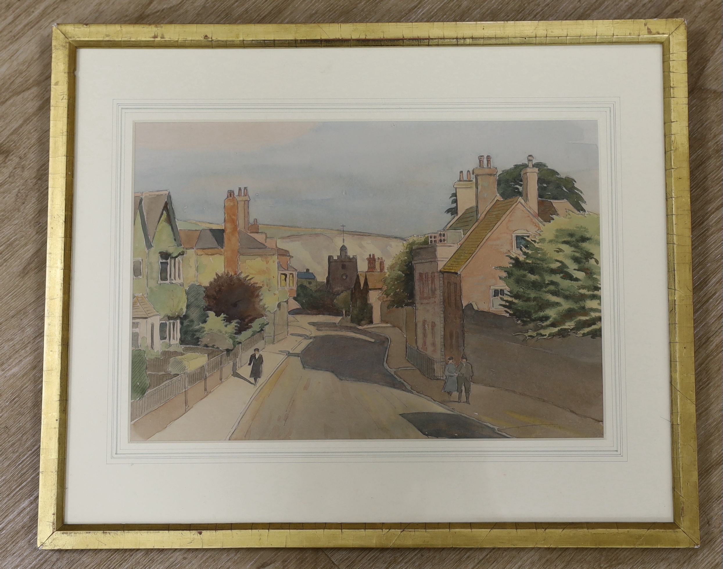Donald Maxwell (b.1877) local interest watercolour, Lewes street scene, label verso, 30 x 20cm